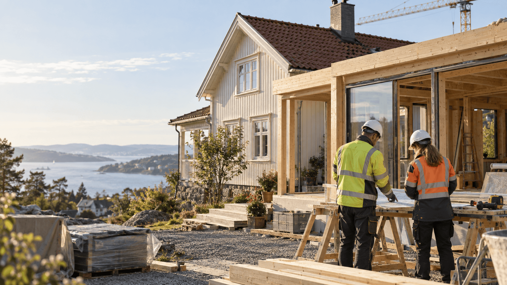 Illustrasjon av et norsk hus under renovering